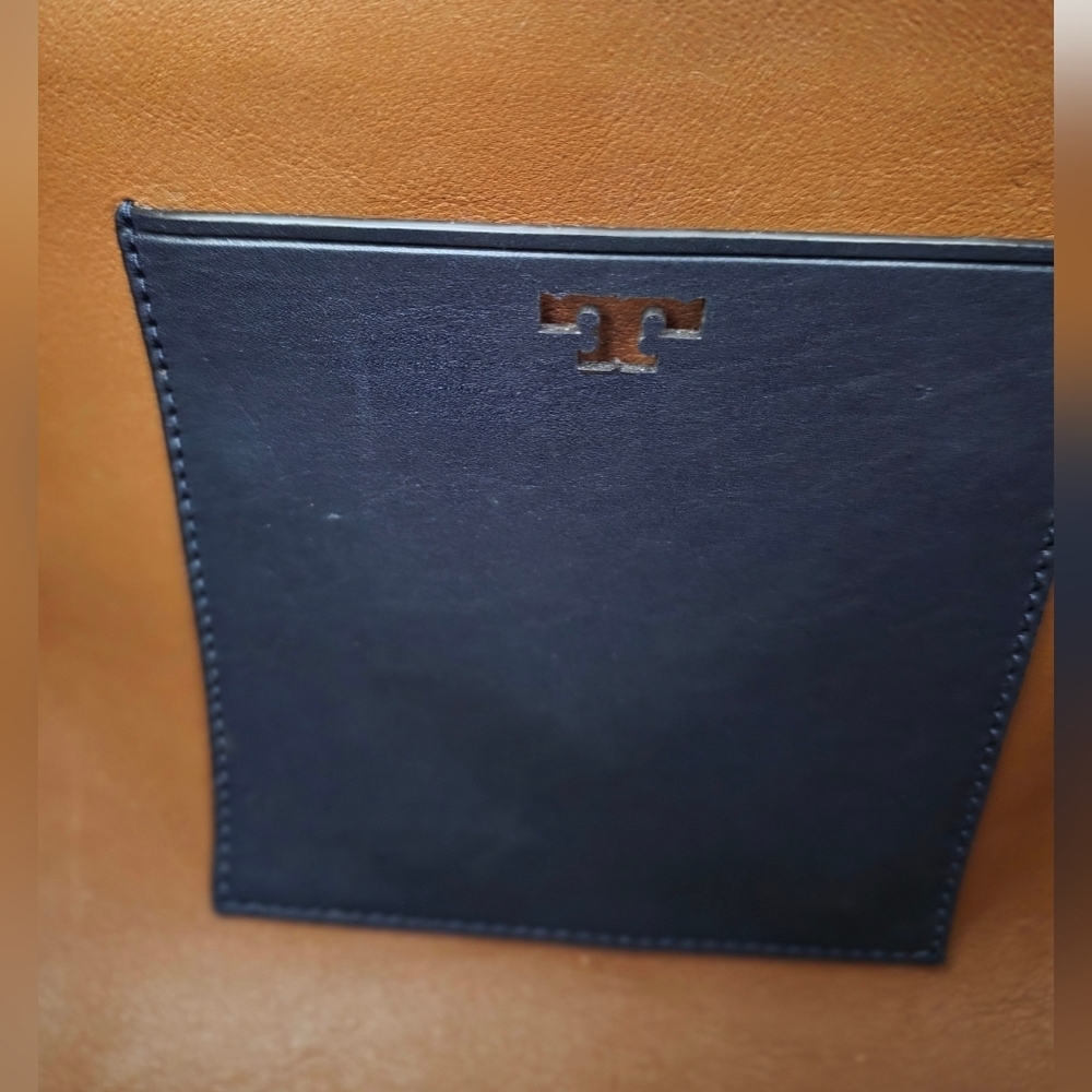 Tory Burch Rare Suede Patchwork Tote Wood Handle Navy Colorblock Pouch Crossbody - Picture 9 of 13
